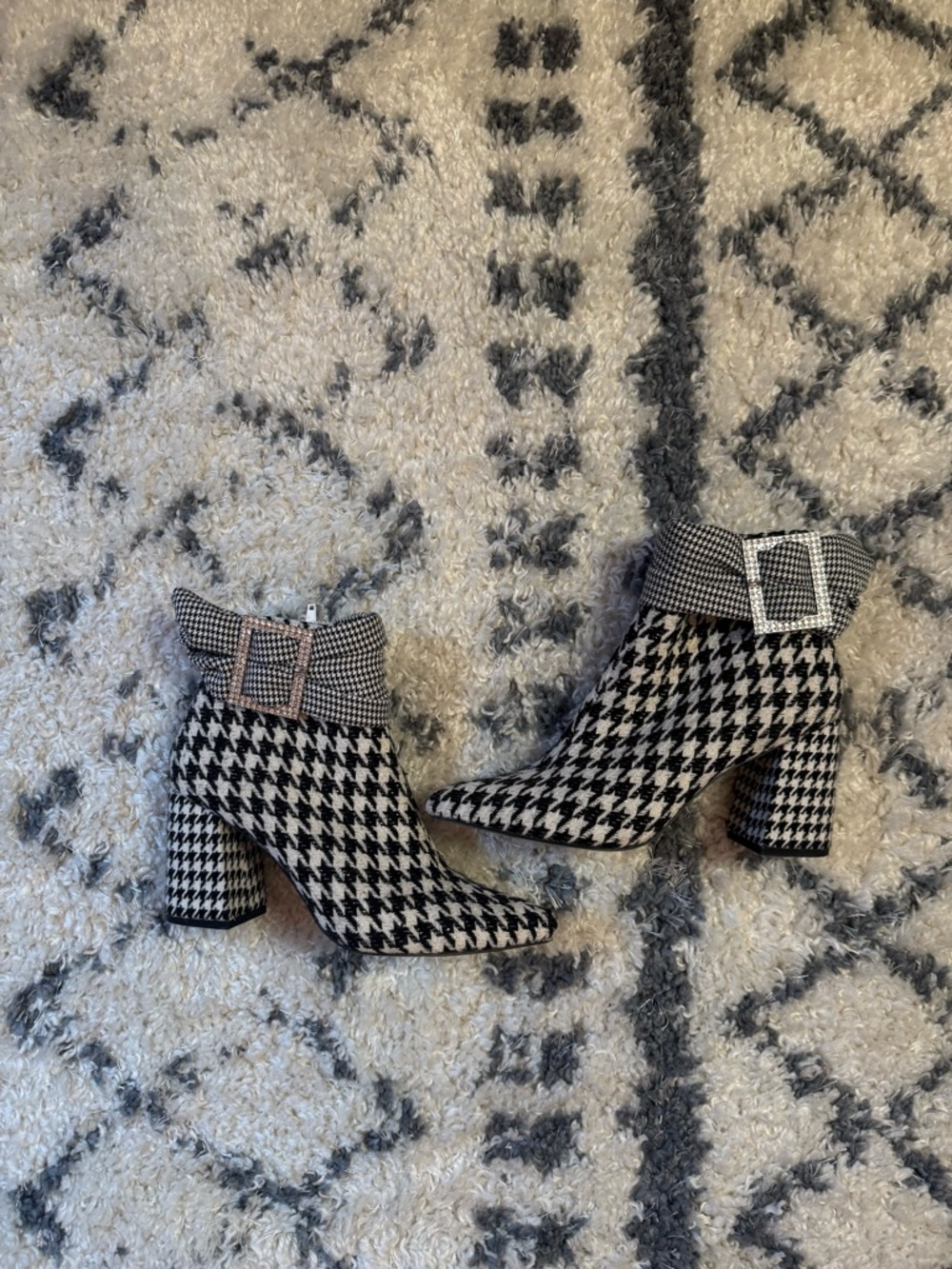 Betsy I Houndstooth Ankle Boots with Buckle Detail - Black/White